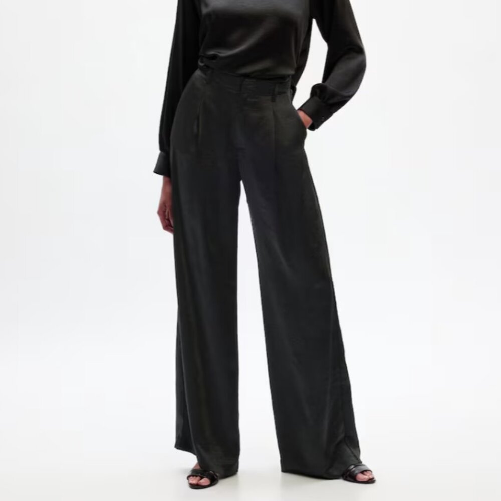 GAP High Rise Pleated Satin Silky Trousers Black